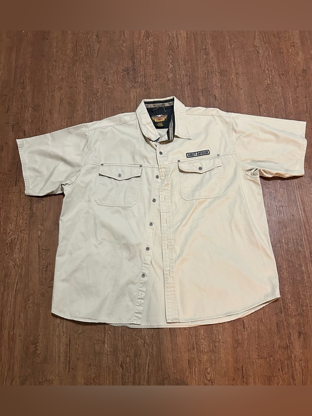 Harley Davidson Men’s XXL 2XL Khaki 100% Cotton Button Up Biker Motorcycle Shirt
